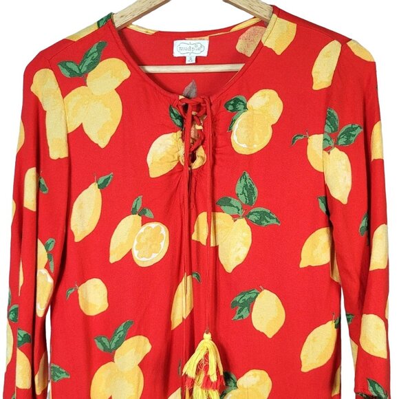Mudpie Tenley Tassel Swim Cover Up Dress Red Small Lace Up Lemons Pullover - Picture 2 of 6